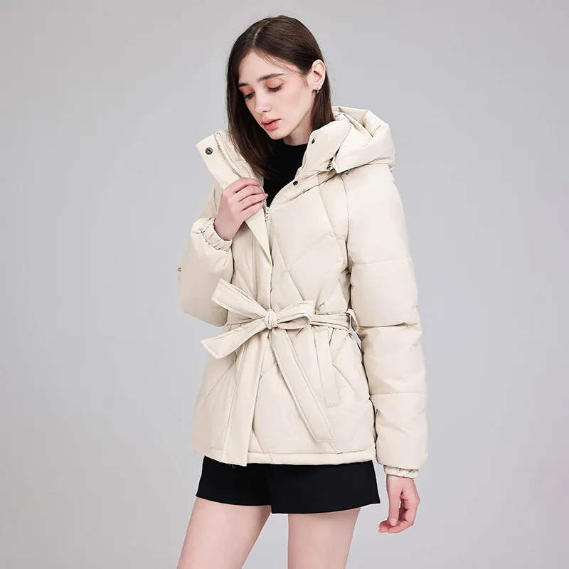 Elegant Daily Commute Date Hooded Belted Quilted Padded Cotton Jacket for Women Long Sleeve Top Warm Classic Winter Parka