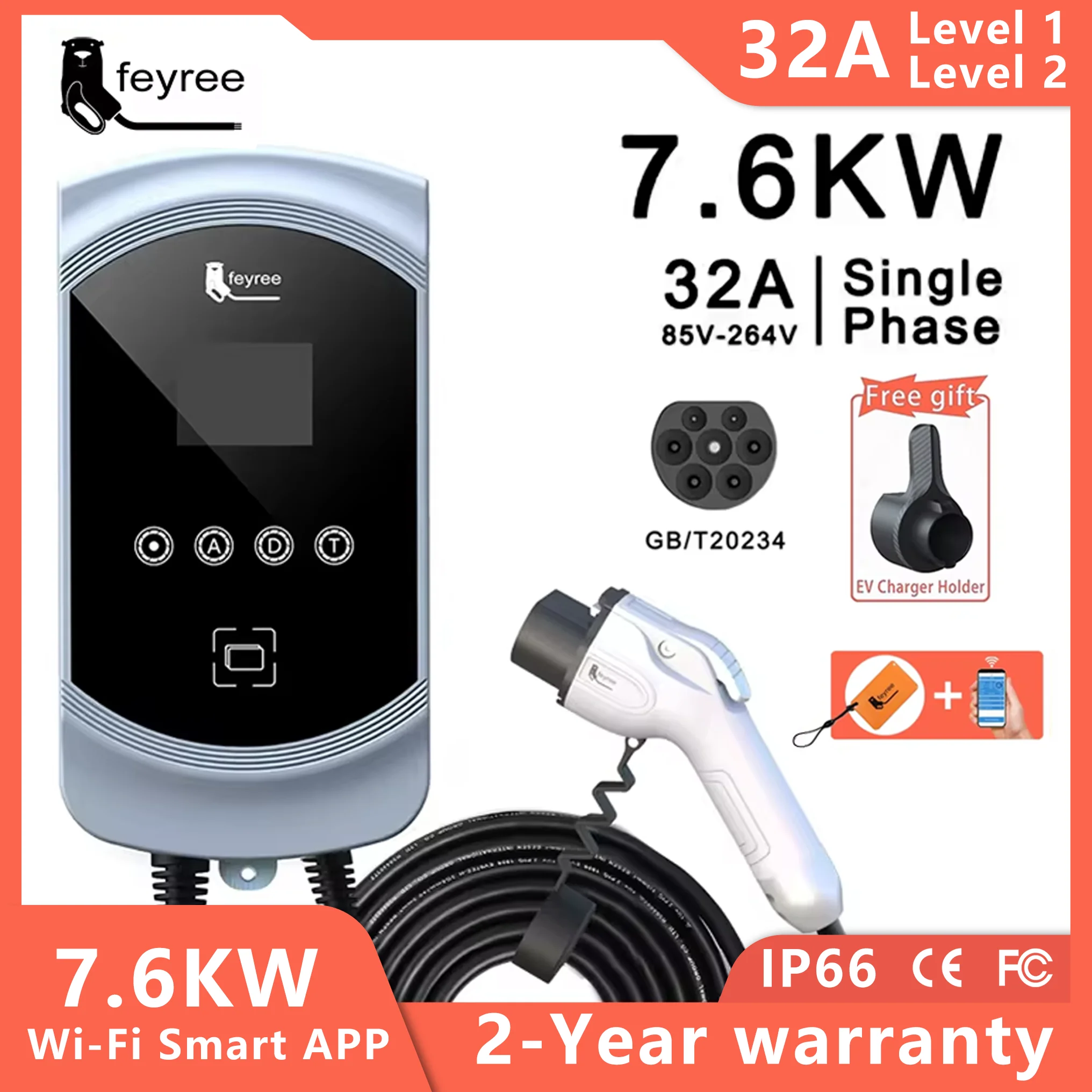 feyree EVSE Wallbox EV Charger GB/T Plug 32A 7KW 1Phase 16A 11KW 3Phase 22KW APP Control Charging Station for Electric Vehicle