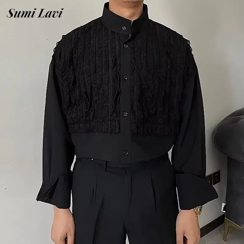 

Классический стиль, мужские рубашки с длинным рукавом, винтажная текстурированная плиссированная однотонная рубашка, мужские рубашки 2026, весенне-осенние стильные топы с воротником-стойкой