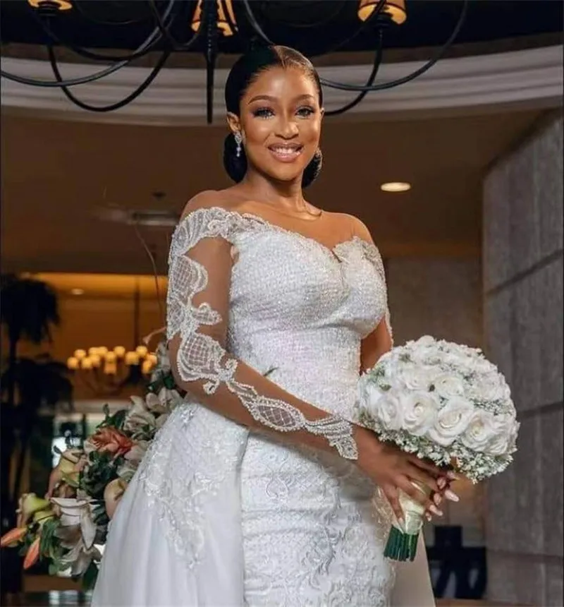 

Luxury Mermaid Wedding Dress Detachable Train Illusion Neck Long Sleeve Lace Bridal Gown Arabic Vestidos Noiva Robe De Mariage