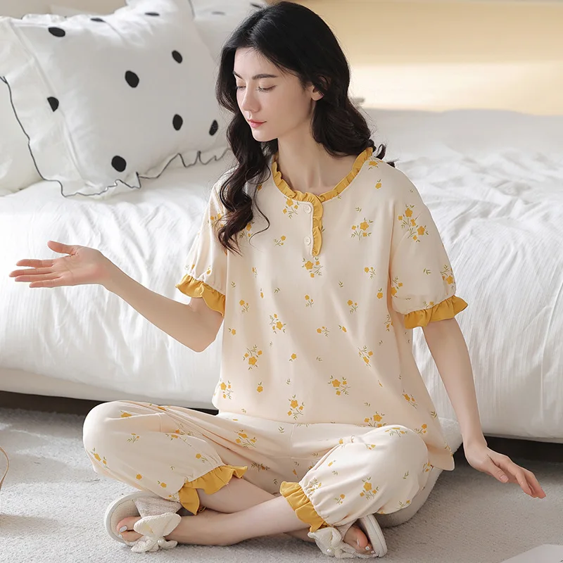 Spring and Summer Women's Pajamas Short Sleeve Capri Trousers Girls Vintage Home Clothes Cotton Loose Casual Suit Women Sets