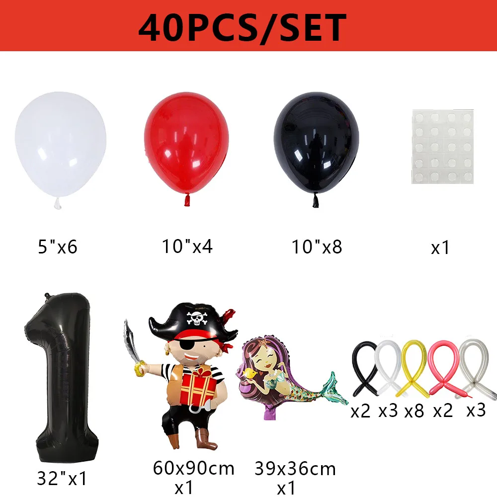 40Pcs Pirate Mermaid Balloons Set with 32inch 0-9 Number Balloon Kids Birthday Party Decor Baby Shower Halloween Decor Globos