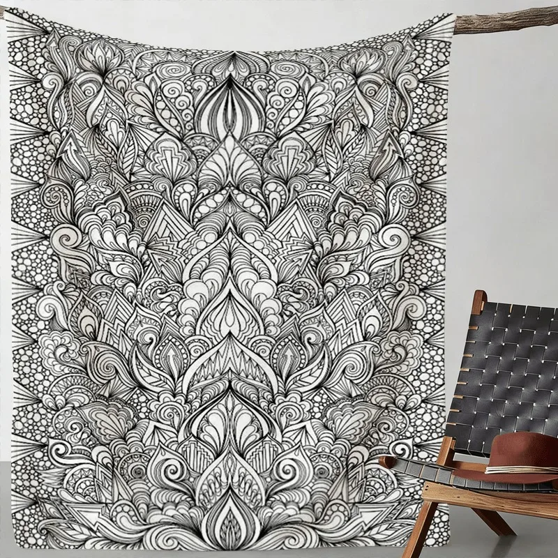 Skin Warm Flannel Blanket Monochrome Intricate Swirl Mandala Sketch Pattern Light Portable Camping Throw DIY blanket