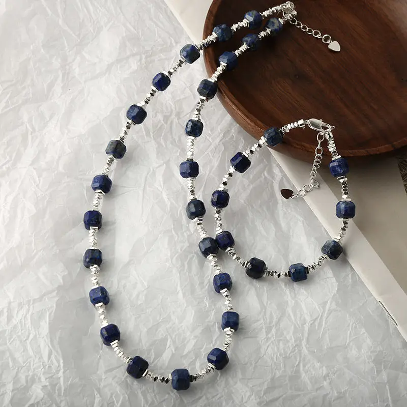 2024 silver natural lapis lazuli sweater chain female fall and winter stacked with a high-level sense of collarbone chain