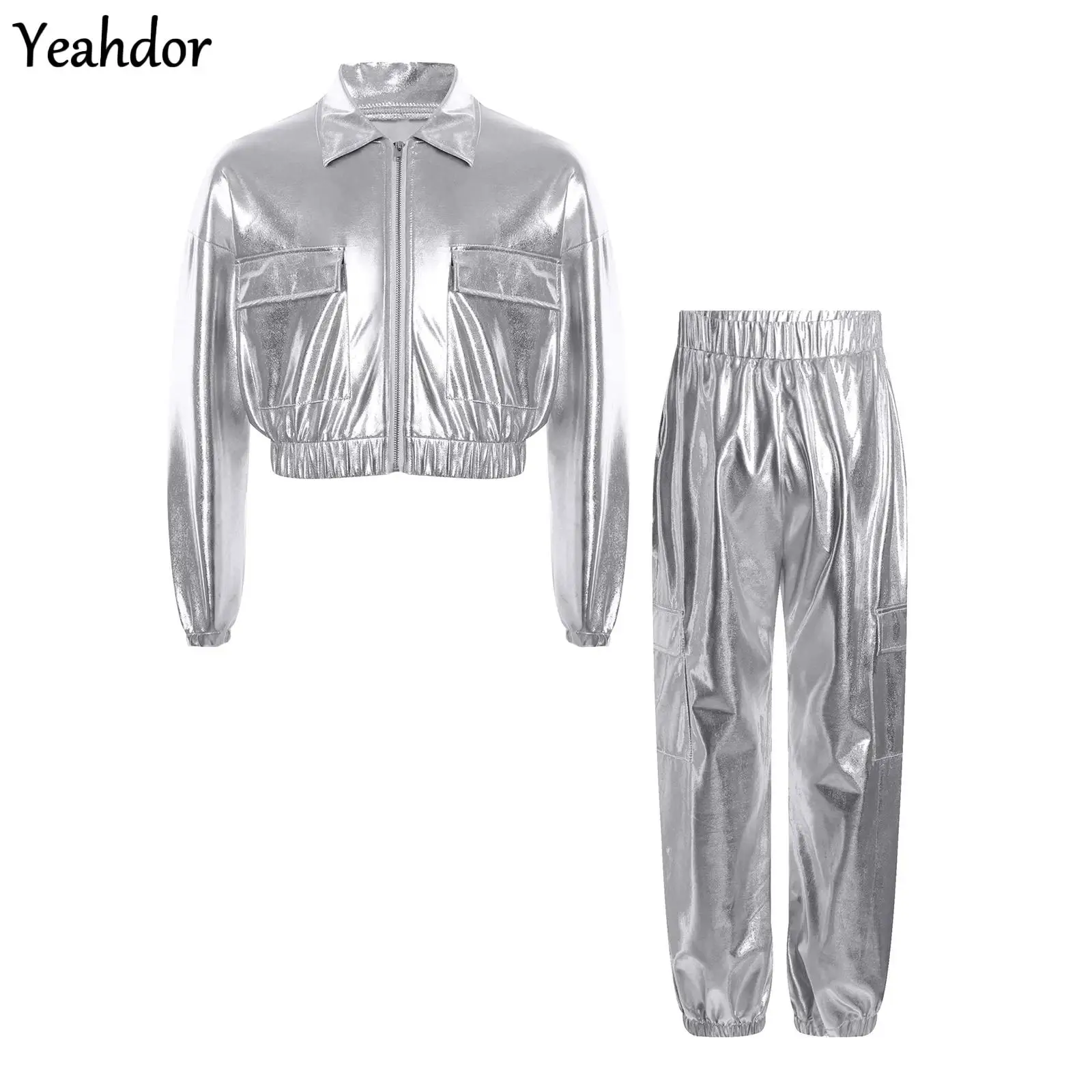 

Boys Girls Hip-Hop Set Jazz Dance Outfit Metallic Shiny Jacket Long Sleeve Outwear with Pants Skateboarding Street Dance Costume