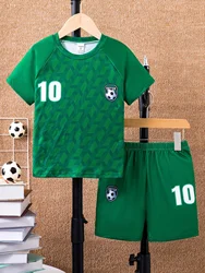 green 3D football round neck T-shirt and shorts football fan set short sleeved summer sports polyester children's birthday gift