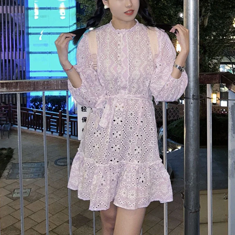 

2023 Summer Women's Ruffles Mini Dress Floral Embroidery Hollow out Puff Sleeve O-neck Female Robe with Sashes