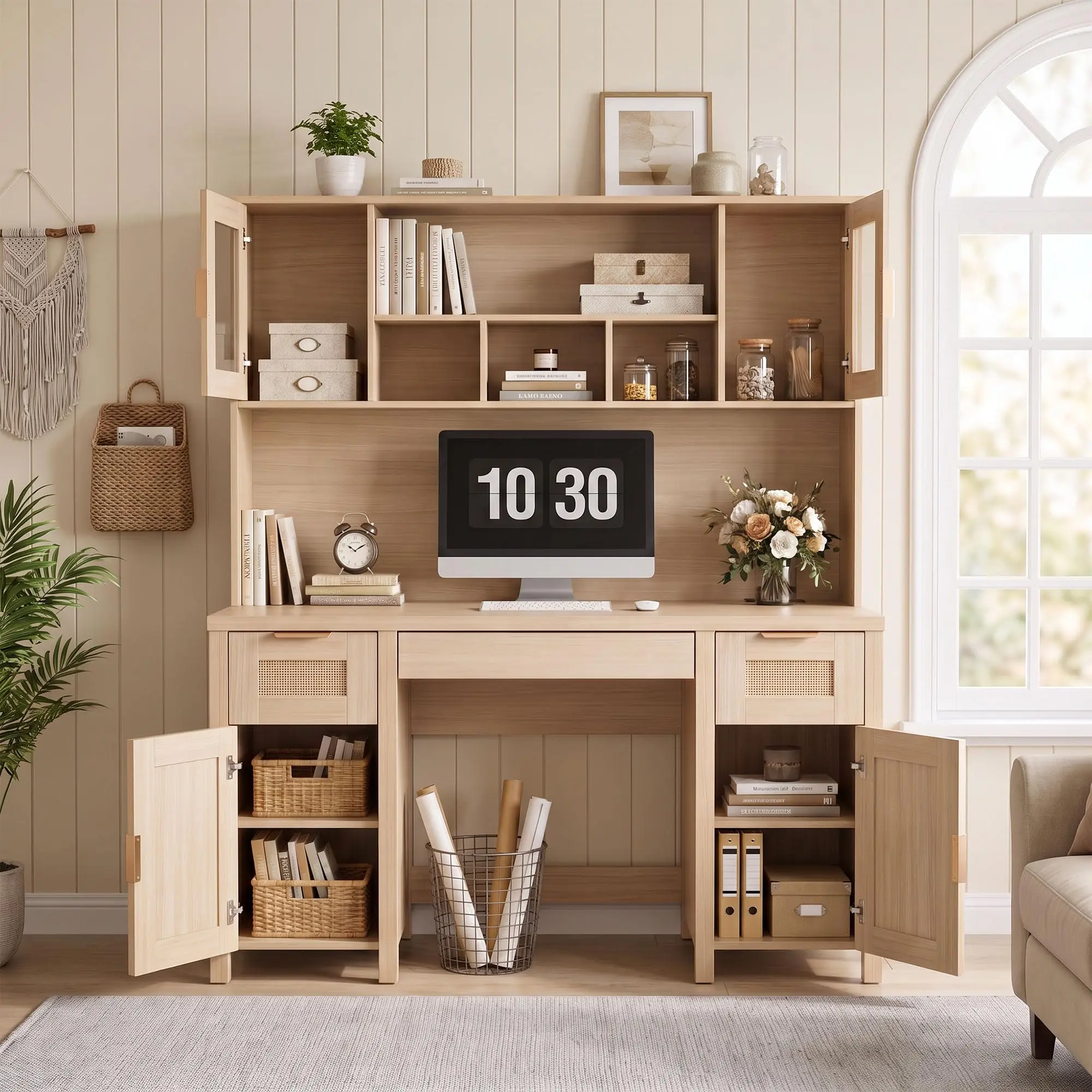 Wooden Computer Desk With Bookshelf And Storage Shelves, Modern Writing Study Table Workspace Organizer For Home Office Bedroom Dorm