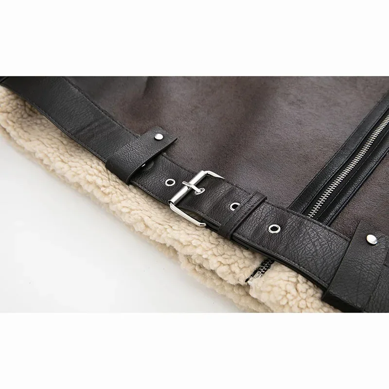 Giacca invernale in pelle di lana di agnello sintetica corta da donna nuova vintage con cintura Capispalla femminile caldo spesso a maniche lunghe con risvolto casual coreano