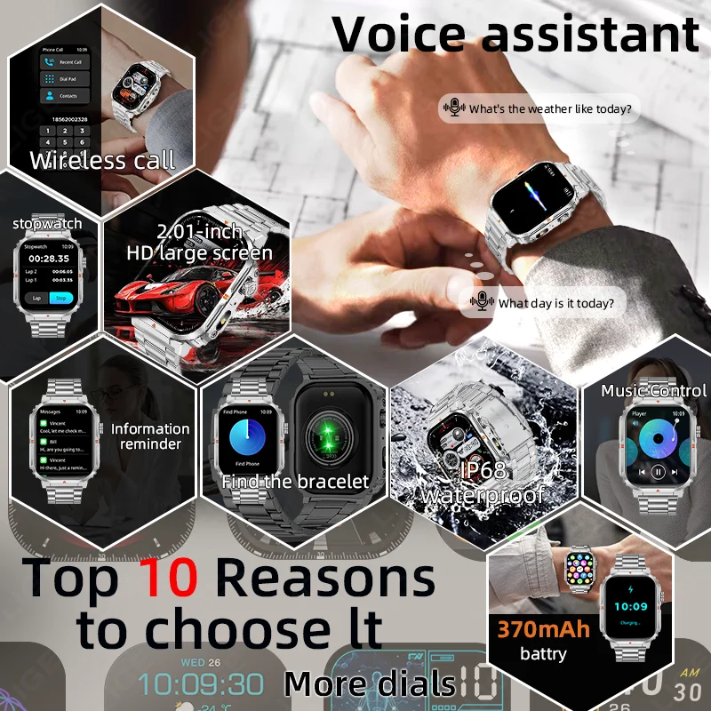LIGE Smart Watch For Men Women 2.01 inch Large Screen Bluetooth Call LED Flashlight Sports Fitness Watch Waterproof smart watch
