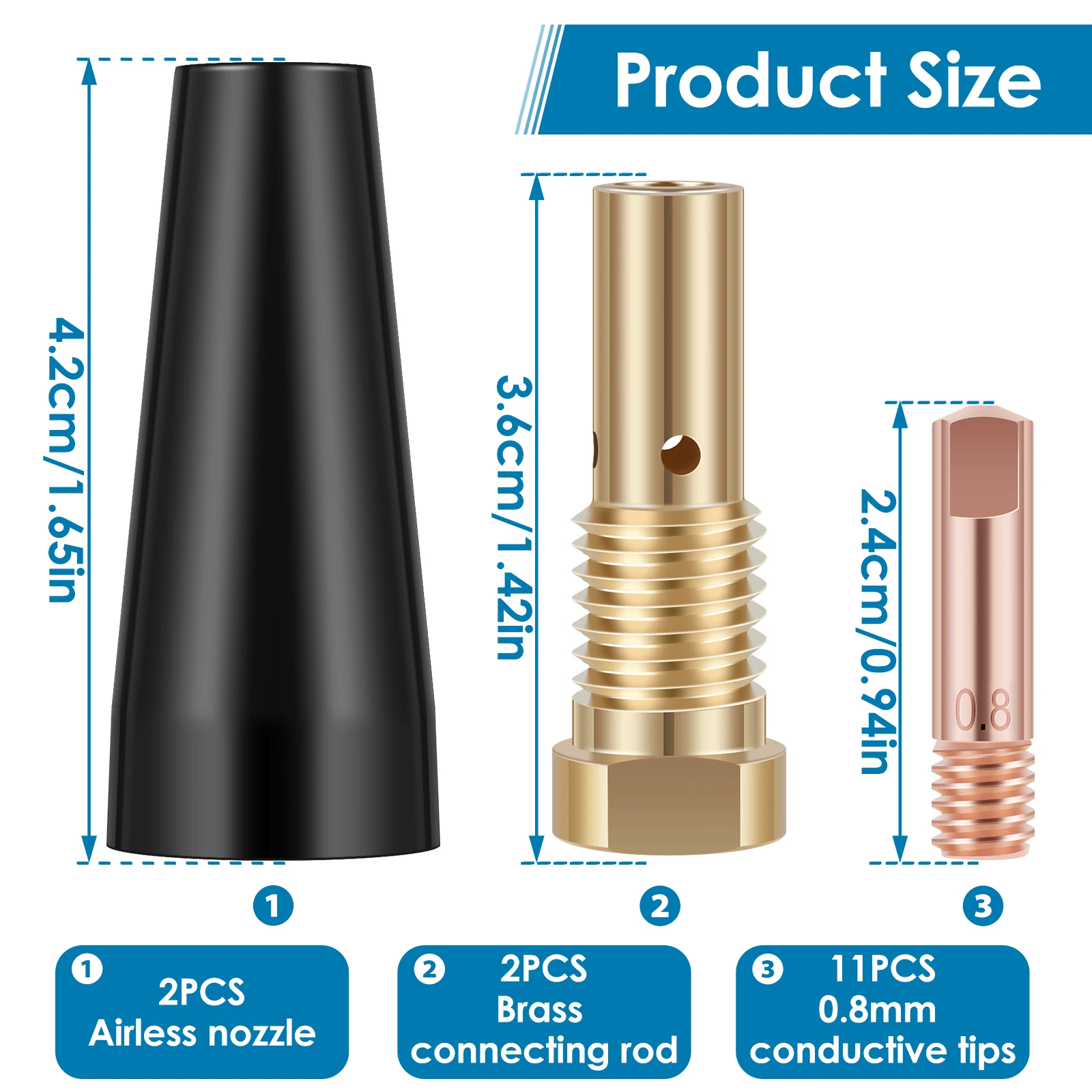15Pcs MIG Welding Kit Flux Core Gasless Nozzle 0.8/0.9mm Brass Welding Tips Replacement MIG Welder Accessories Compatible with