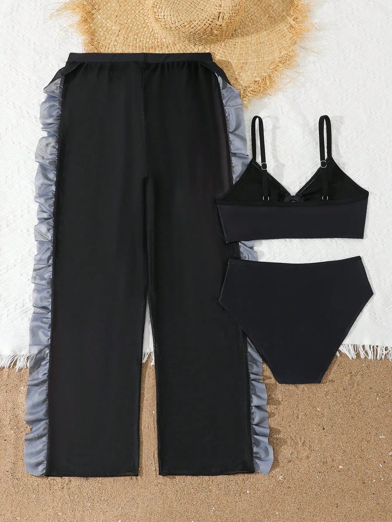 

Комплект бикини из 3 предметов с цветочным принтом и прозрачными брюками с рюшами, черный, розовый, с цветочным узором