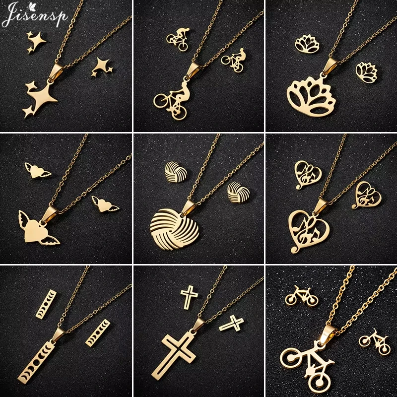 Conjuntos de joyas de estrella de acero inoxidable para mujer, corazón minimalista, Margarita, Cruz, música, Luna, collar, pendientes, bicicleta,