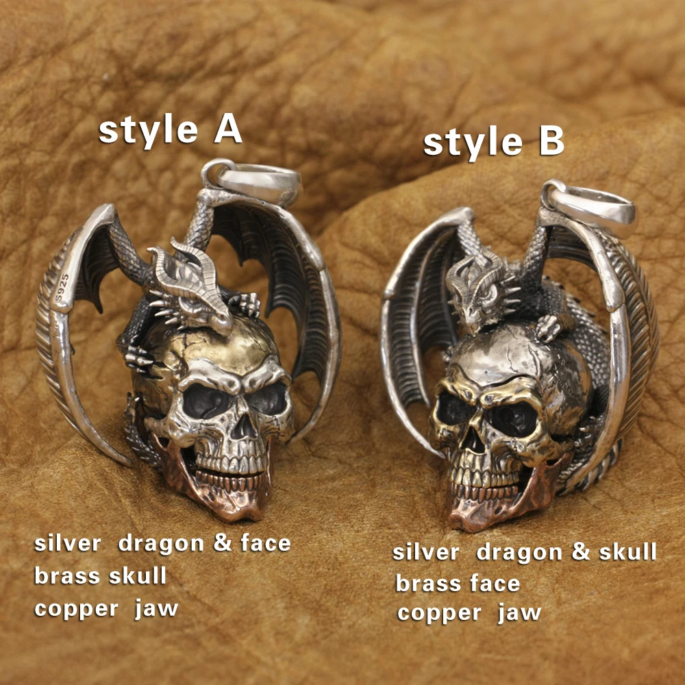 925 Sterling Silver Flying Dragon Punk Skull Pendant Details Biker Jewelry TA380 BZ