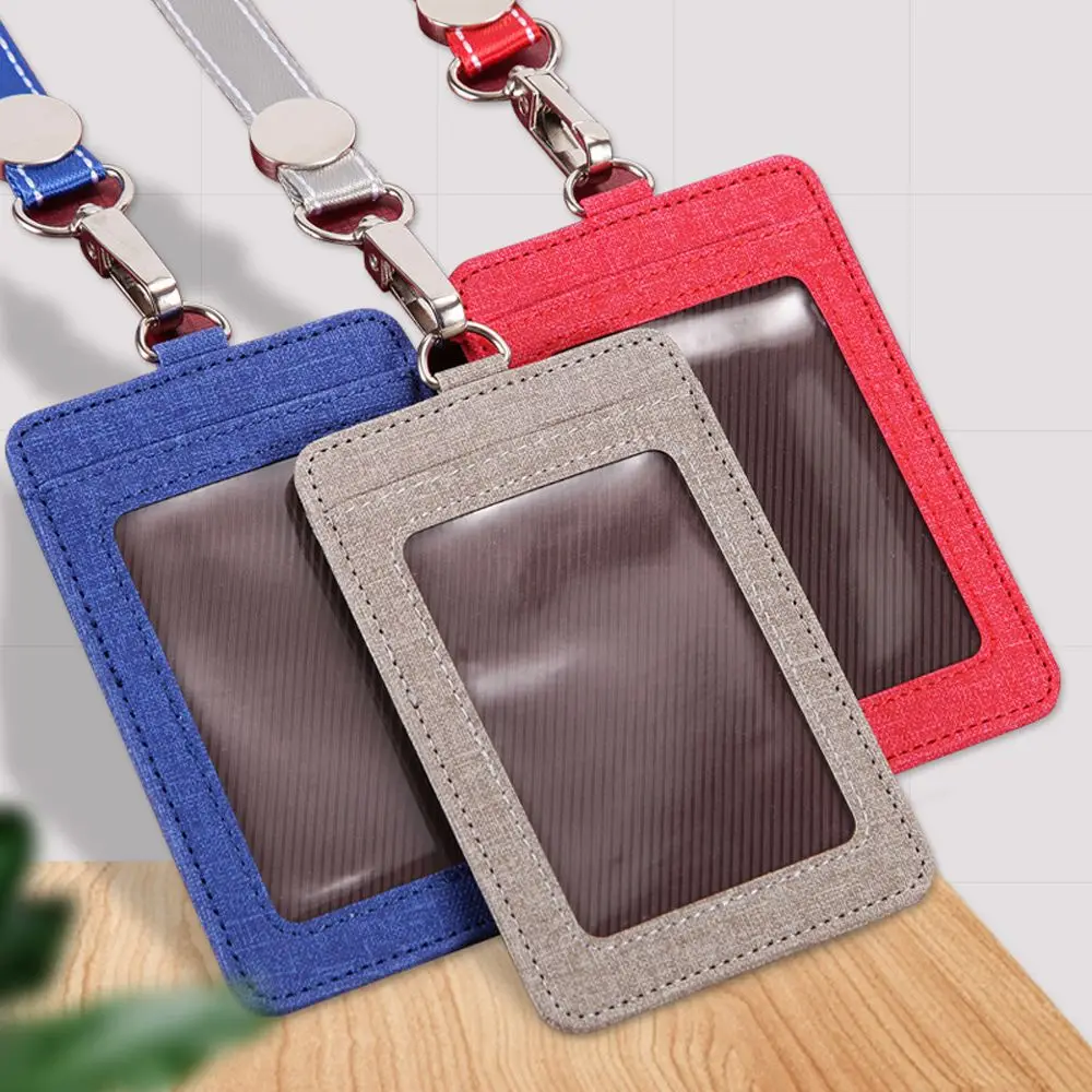 

Leather Business Mini Wallet Office School Supplies Student Bus Cards Cover Coin Purse Badge Holder ID Card Holder with Lanyard
