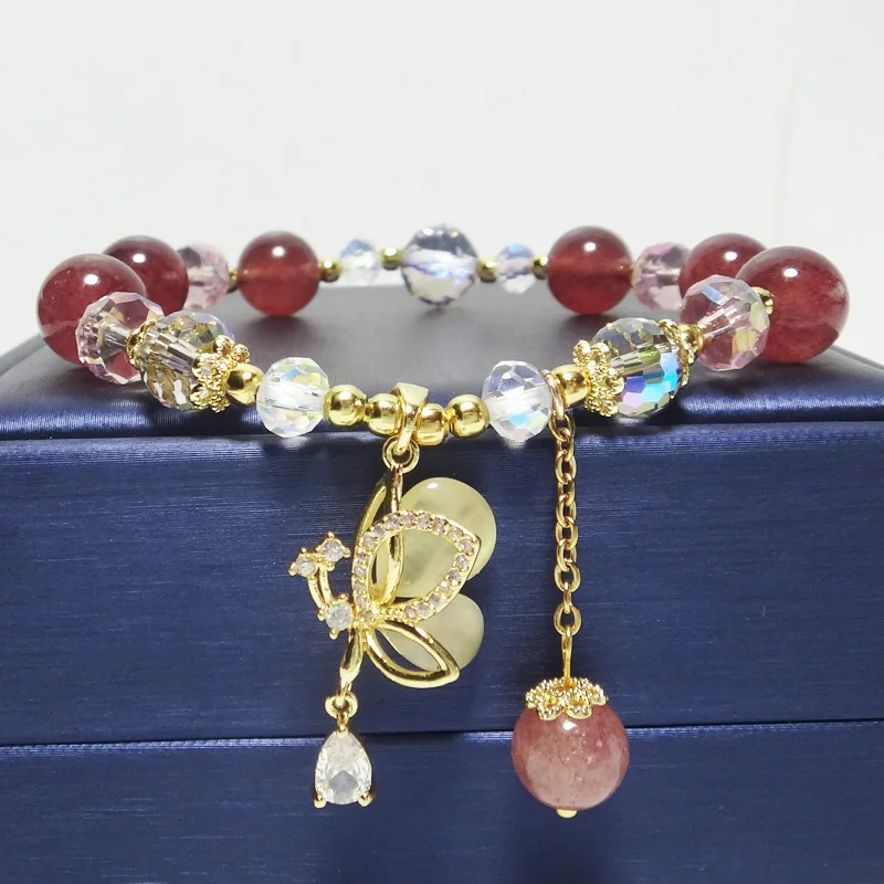 8mm Natural Strawberry Crystal Bracelets Women's OL Style High End Butterfly Pendant Beaded Bracelet Friend Party Jewelry Gift