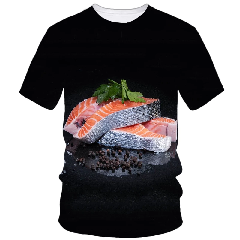 Salmon Print Creative Personality Men's Short Sleeve Fashion Personality Hip Hop Street Food Shrimp Casual Quality T-Shirt Top