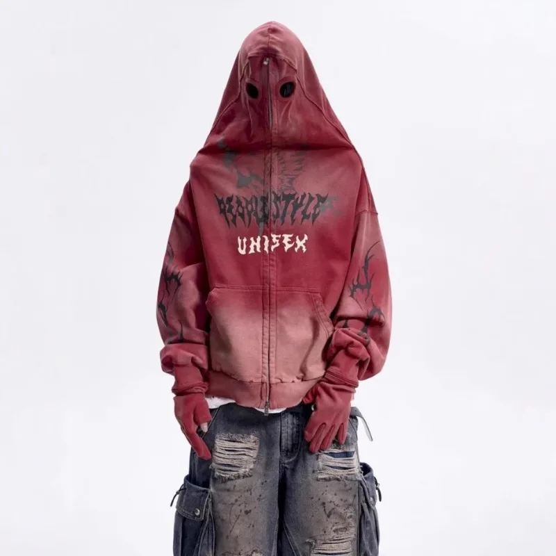 

High Street Punk Gothic Y2k Hoodies Women Printed Vintage Distressed Wash Zip Up Hoodie for Men Unisex Gothic Y2k Clothes