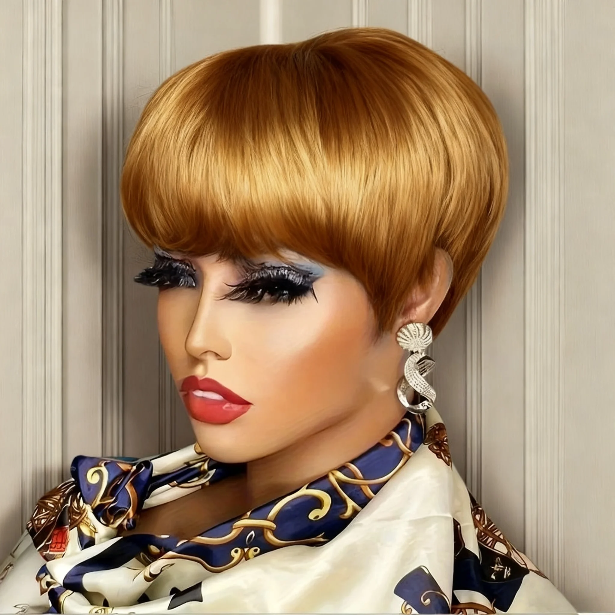 Short Pixie Cut Wig Human Hair For Women Machine Made Wigs With Bangs Colored Wig Full Machine-Made Wig for Women