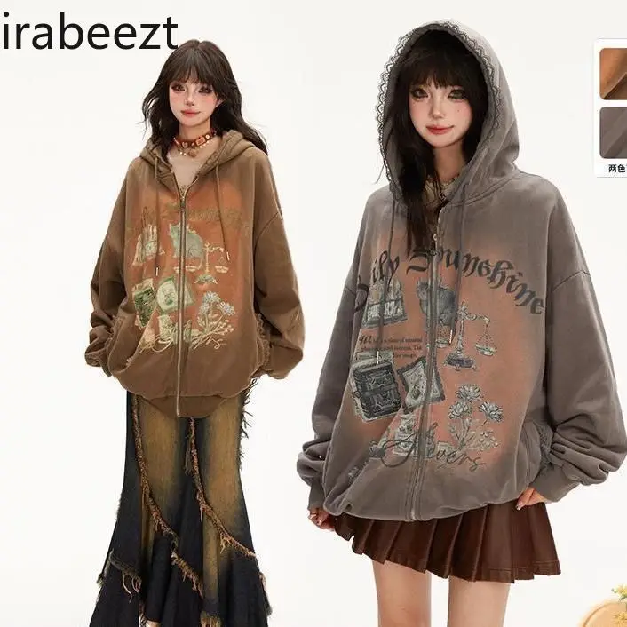 

Spring 2025 New Hoodie Women's Country Chic Slouchy Loose Zipper Cardigan Aesthetic Women Clothing Streetwear Women