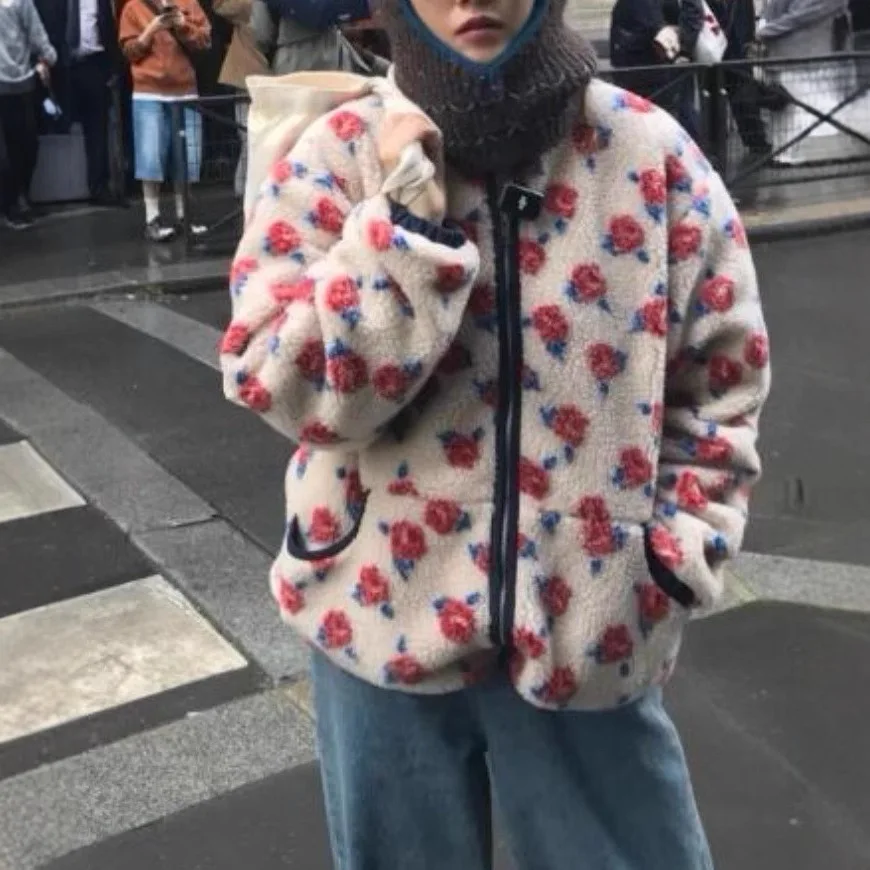 

Retro Rose Flower Faux Fur Jaet Women's Zipper Closure Outerwear Spring Autumn Winter Loose Fit Commute Sle Long Sve