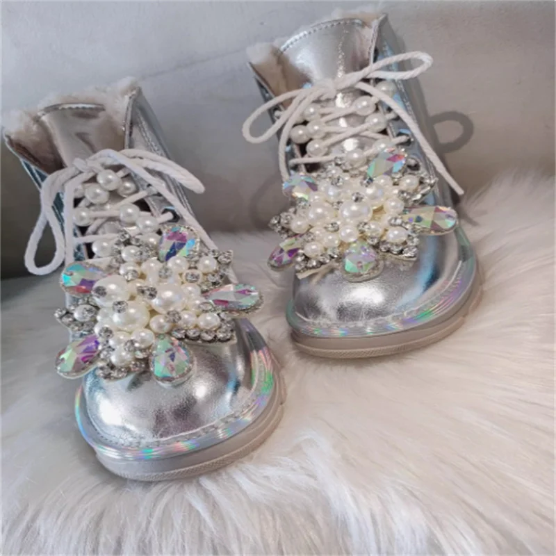 

Роскошные женские ботинки на шнуровке со стразами и драгоценными камнями, женские зимние ботинки ручной работы на меху на заказ, один серебряный Eaube, вечерние размеры 35-38