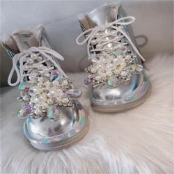Luxury gemstone studded rhinestone lace-up women's boots Handmade custom fur one silver midtube party women's snow boots 35-38