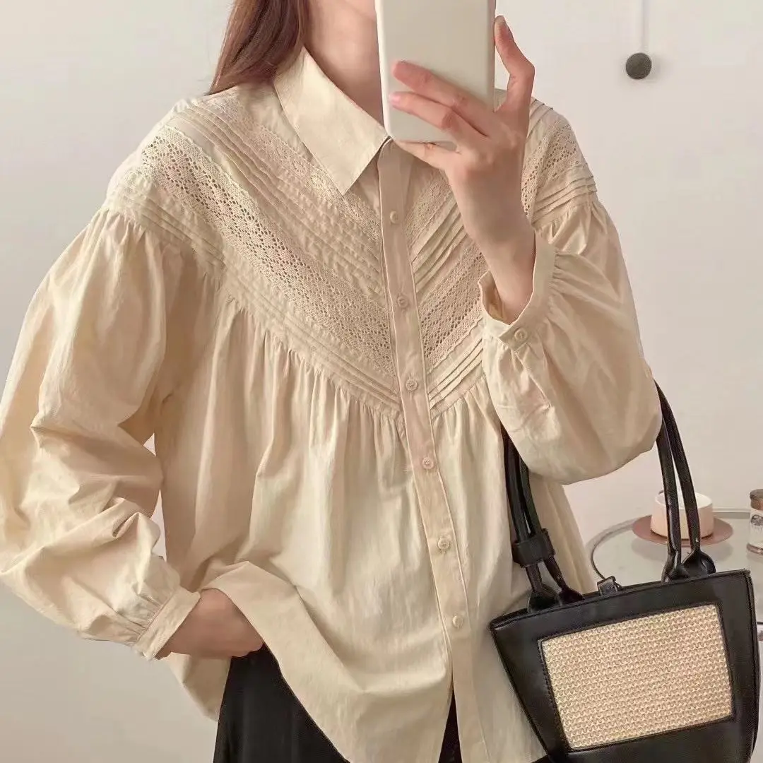 New Autumn Cotton Solid Shirts Women Lapel Collar Lace Tops Girl Puff Sleeve Loose Blouses Age Reduction Sweet Spring T39440QC