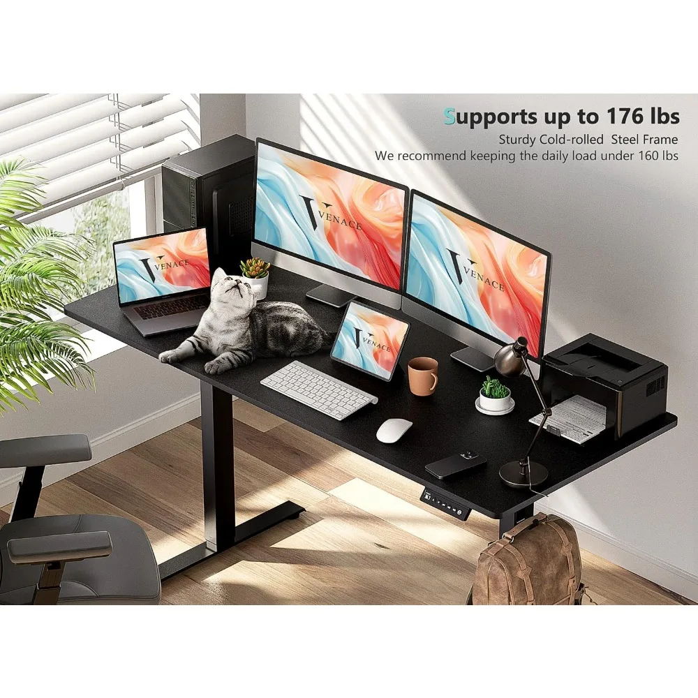 "24" electric desk, 55" tall, adjustable, 4-wheel, 4-height memory, 2-hook headphone stand, home office