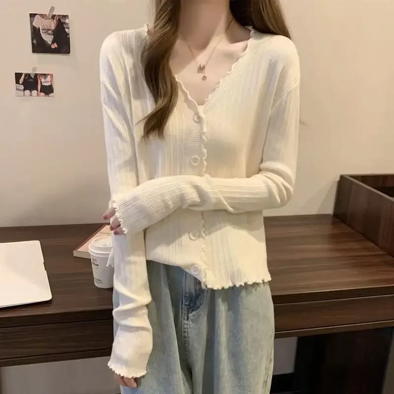 Spring Summer New Hundred Style Slim Long Sleeve Top Women Wooden Ear Edge V-Neck Knitted Cardigan Coat Large Underlay