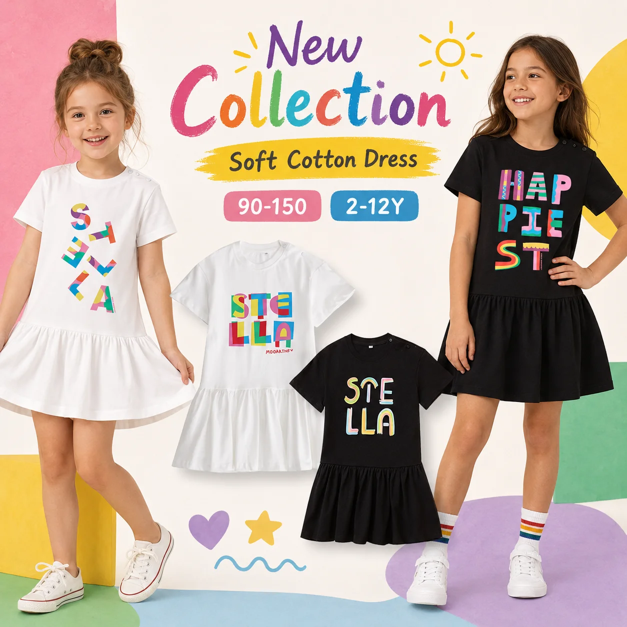 Fashion baby girl dress kids summer clothes 100%cotton fun letter print Short sleeve Child dress cute Little girl princess dress