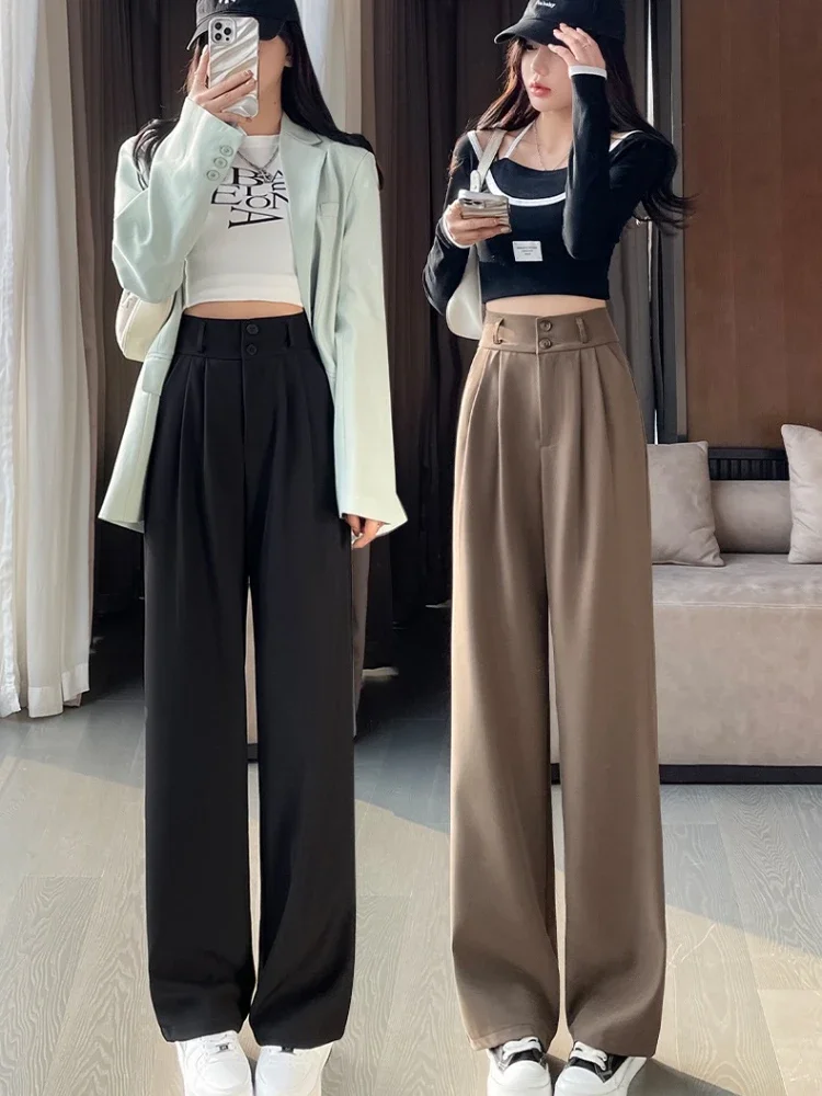 

elegant High Waist Women Suit Pants Straight Black Korean Office Ladies Trousers Fashion Button Loose Spring Female Pants New