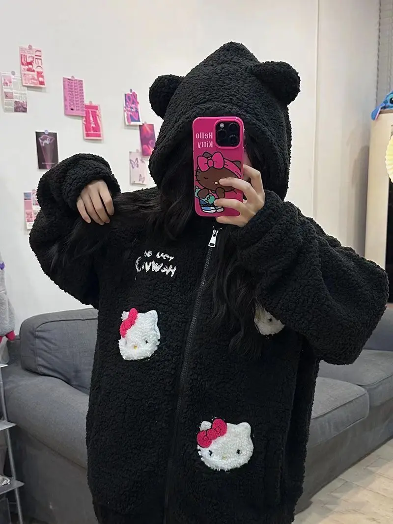 Cute Embroidered Hello Kitty Zipper Coat for Women Y2k Autumn and Winter Faux-cashmere Hooded Jacket Cardigan with Thick Fleece