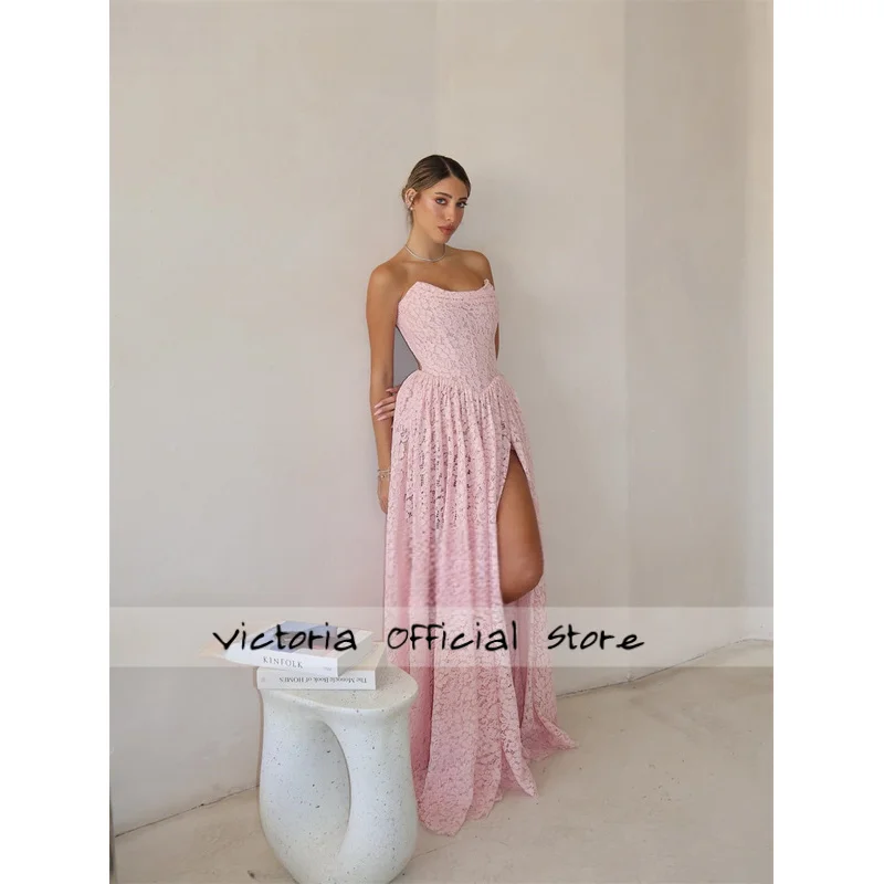 Exquisite Lace Appliques Prom Dresses Long A Line Pink High Side Slit Formal Dresses Evening Party Gown Woman Customized
