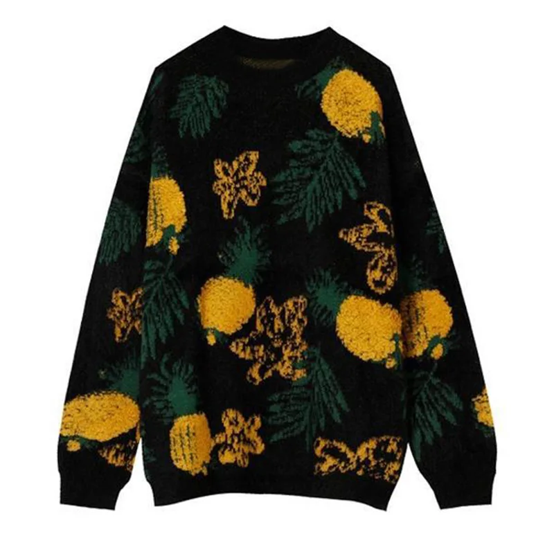 

Men Pineapple Jacquard O-Neck Sweater Vintage Korean Fashion Loose Casual Warm Sweater Winter Male Thicken Knit Pullover Sweater