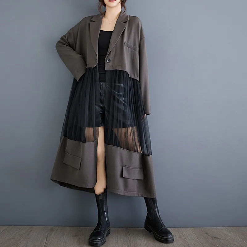 

Autumn new casual patchwork mesh hollow out suit skirt with niche design sense, fashionable cardigan long coat