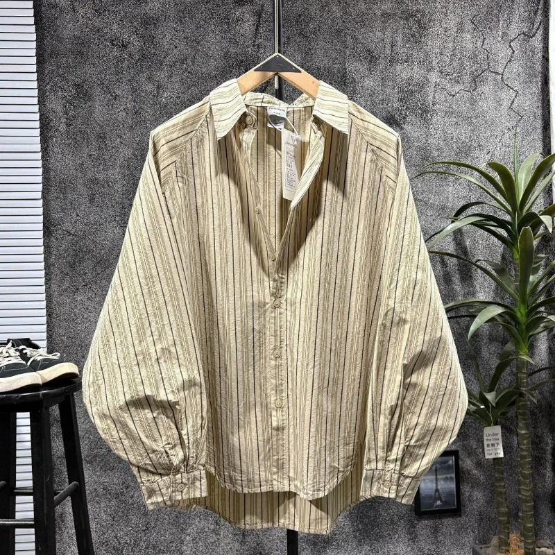 Men American Retro Striped Shirt Long Lantern Sleeves Turn Down Collar Loose Casual Top Single Breasted Oversized Spring Autumn