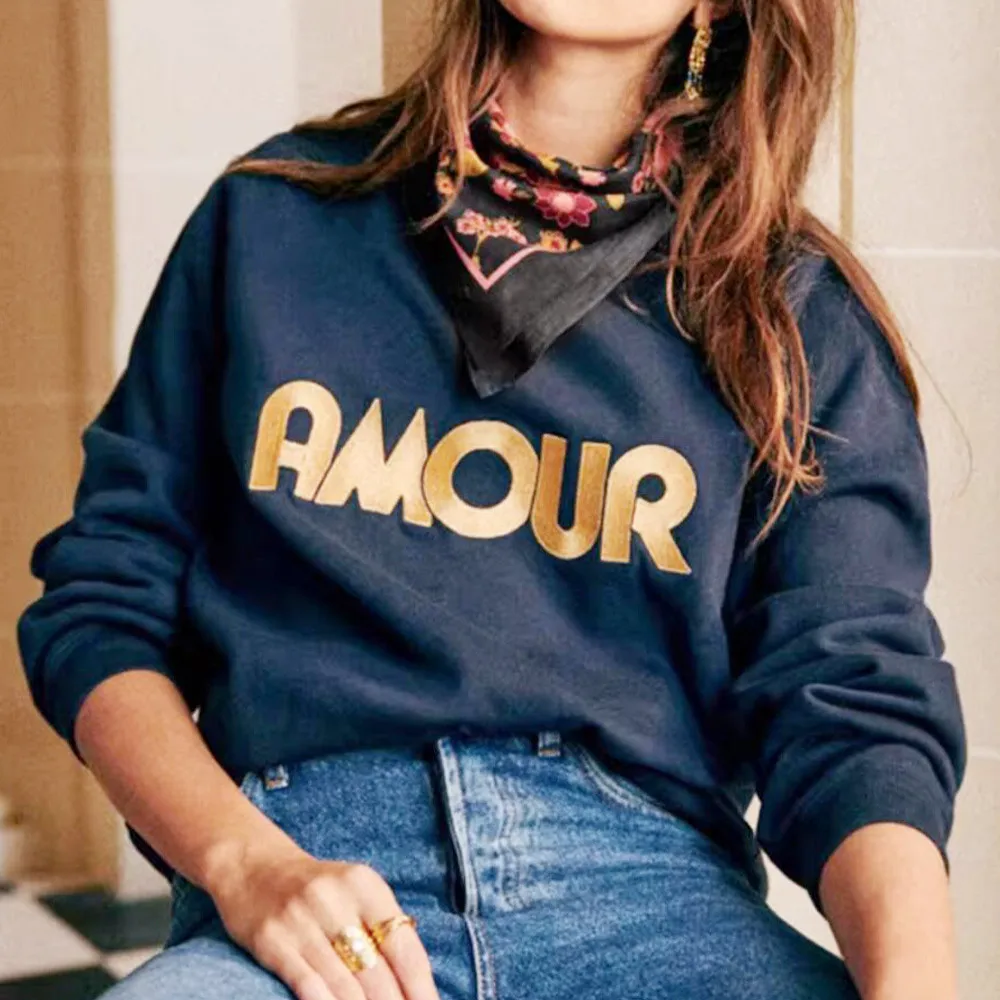 

Новое поступление, французские винтажные вышитые буквы, темно-синие повседневные толстовки, женский хлопковый пуловер с круглым вырезом, осенний элегантный джемпер
