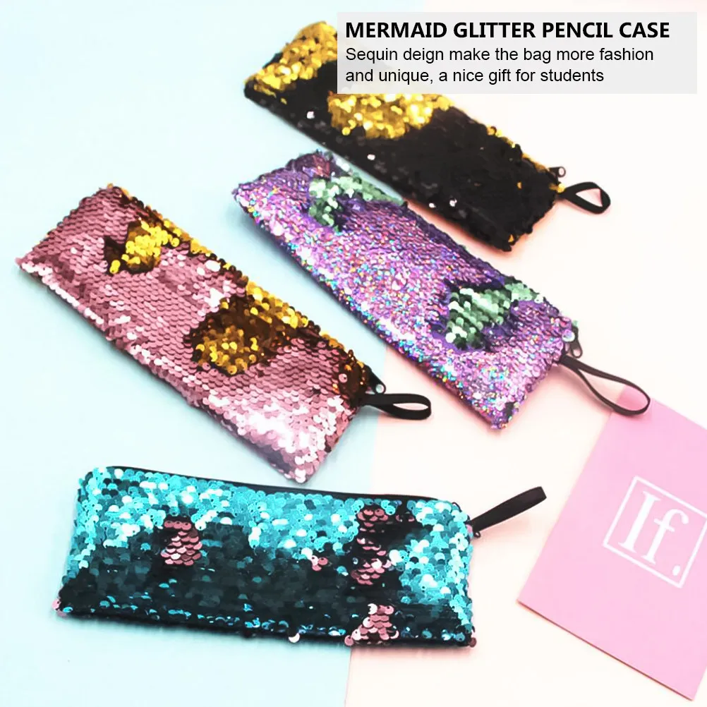 

7Pcs Glitter Zipper Bag Premium Sequin Pencil Case Multi-Compartment Pen Holder Cable Earphone Organizer Kids School Supplies