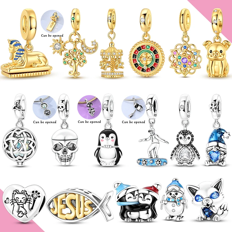 New Charms Fit Bracelet DIY 925 Sterling Silver Pendant Beads Winter Openable Penguin Snowman Fox Golden Sphinx Woman Jewelry