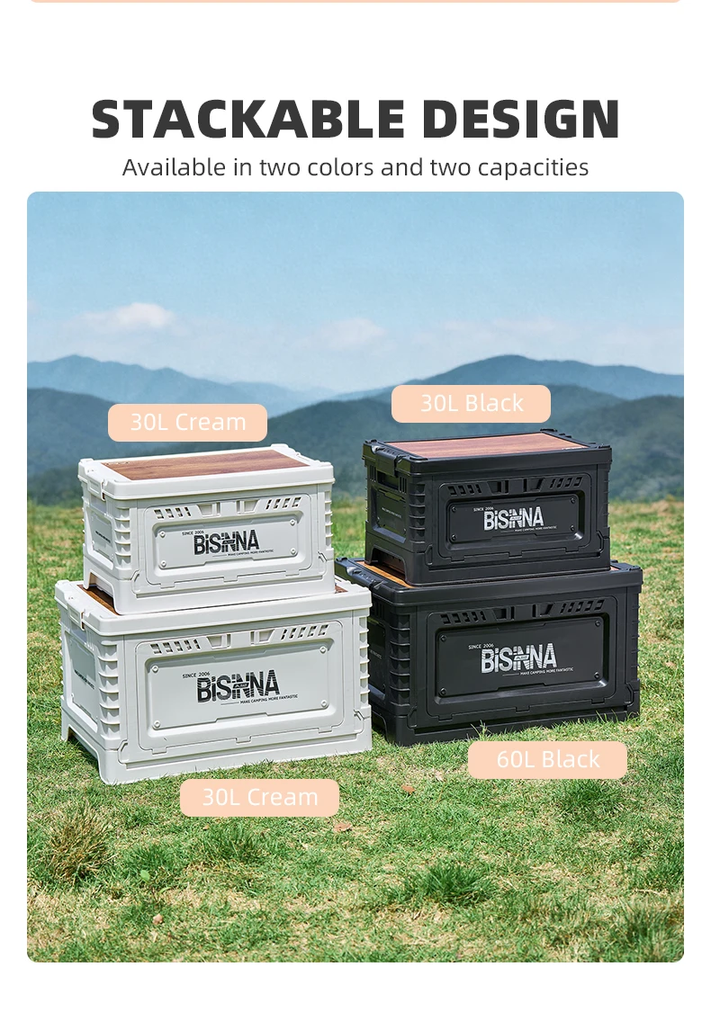 BISINNA Camping Box 30L/60L Large Capacity Folding Storage Box Car Trunk Wooden Lid Home Bedside Table for Outdoor Picnic Travel