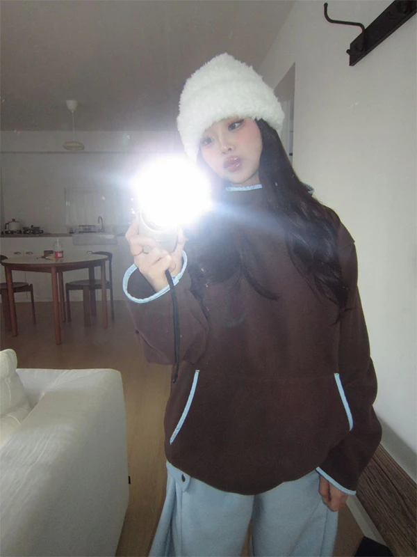 Sudadera con capucha Fce de doble cara de Faion coreana para mujer, sudadera holgada de invierno para exteriores, sudadera de moda