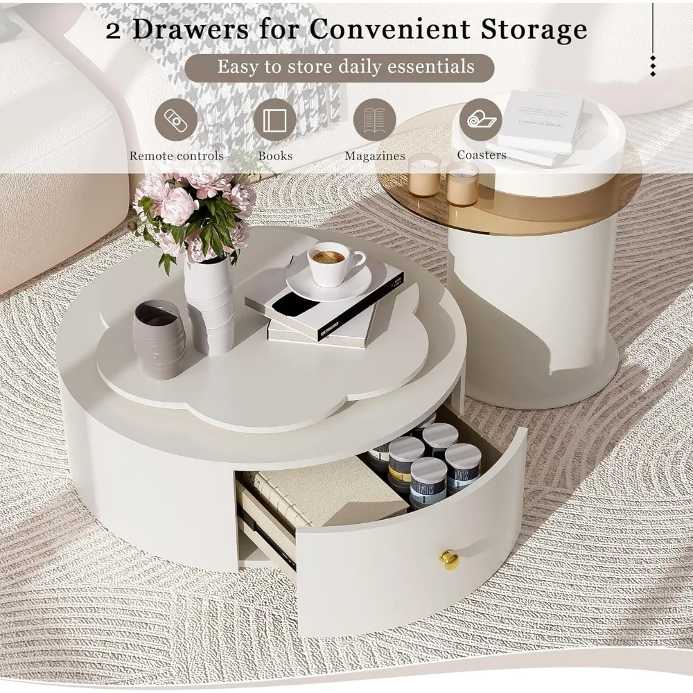 Modern Round Coffee Tables Set with Glass Top, 2 Drawers, 360-Degree Rotatable Living Room Center Tables