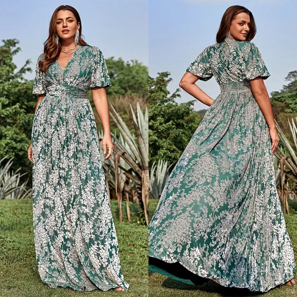 

High Quality Customized V-neck Green Long Dresses Floor Length Short Sleeves Vestidos Para Bodas Mujer Invitada فساتين حفلات
