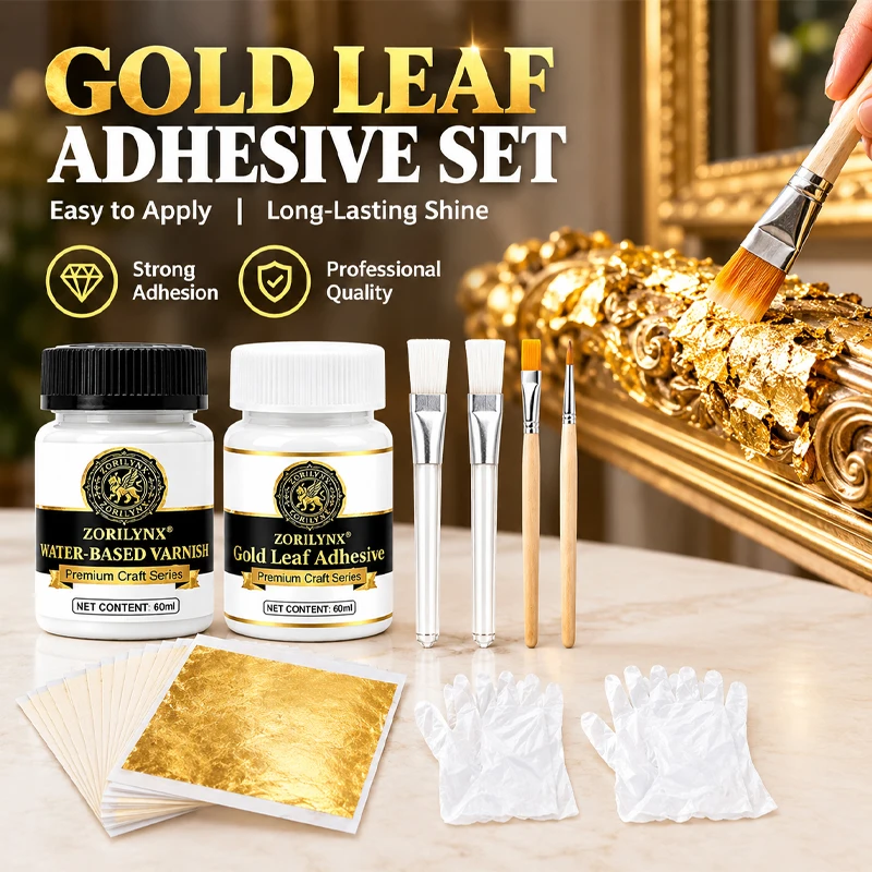 Gilding Adhesive Glue and Water Based Varnish Kit with 100 Gold Foil Sheets Brushes Gloves for DIY Crafts Wood Decor 60ml
