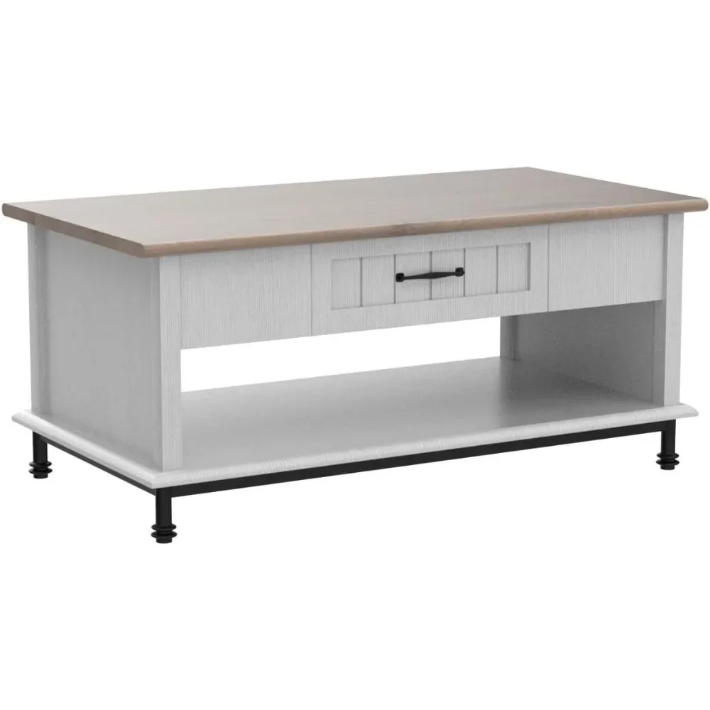 Coffee Table with Blue LED Lights, Large Rectangle Center Tables with 1 Drawers and Open Storage Shelf, Coffee Table