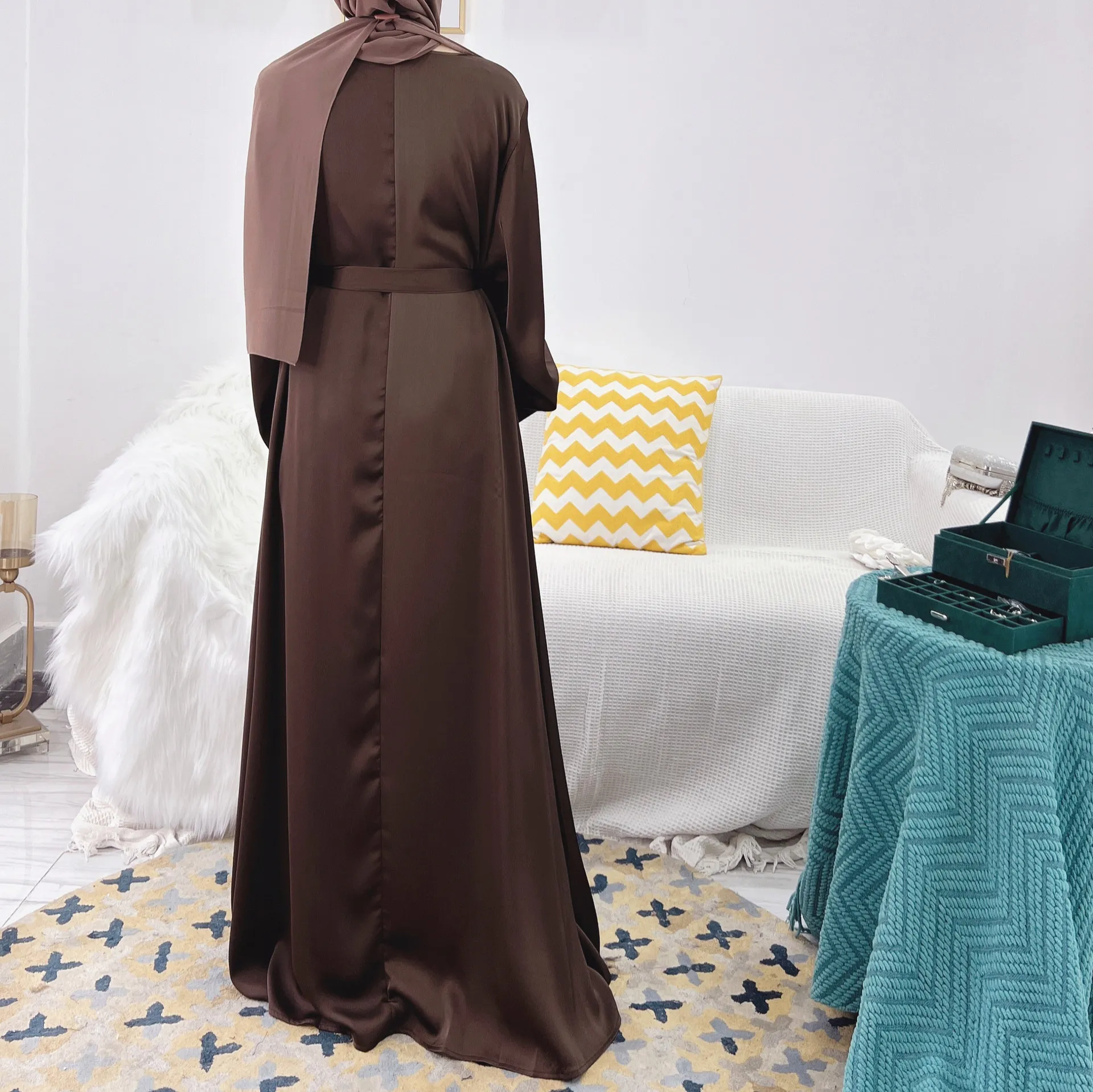 Regular-Fit Plain Stain Dubai Abaya Muslim Long Women Dress Modest Islamic Clothing Hijabi Robe-Long Wide Sleeves, Side Pockets