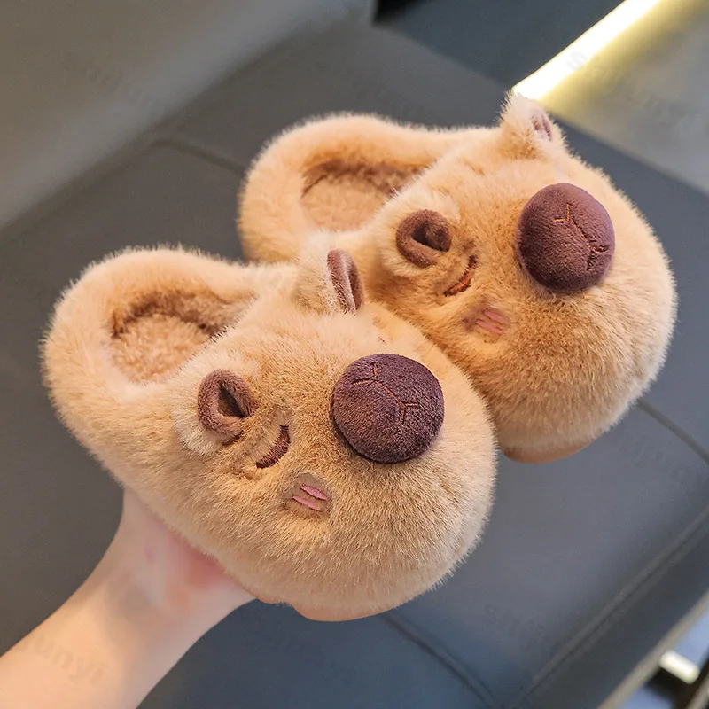 

Winter Capybara Children Slippers Cute Fluffy New Cotton Slippers 2025 Warm Comfortable Indoor Cartoon Plush Floor Home Slippers