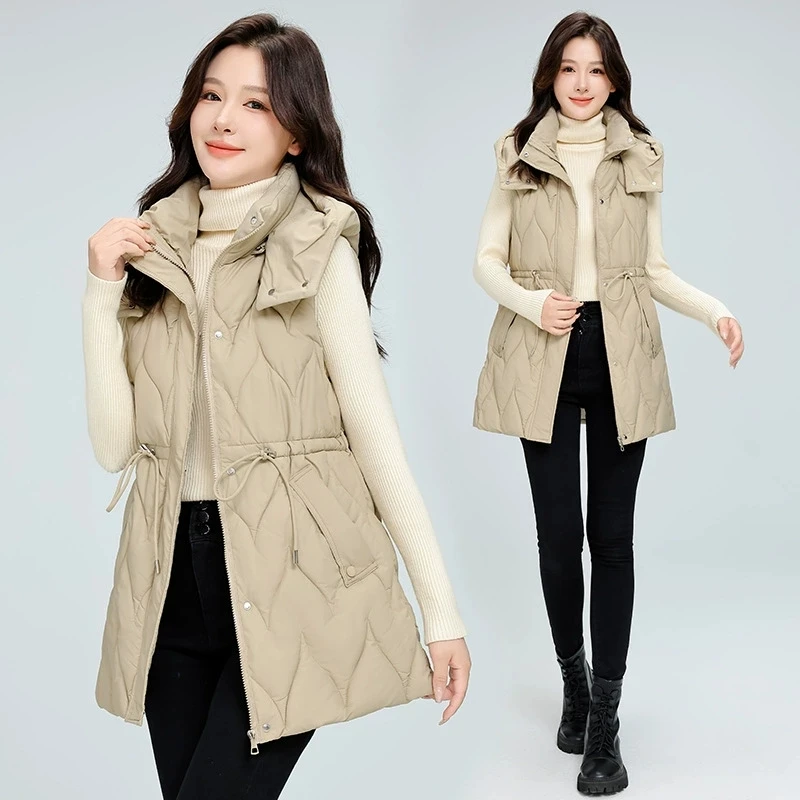 

Winter New Fashion Women Down Cotton Vest Autumn Slim Thicke Warm Hooded Mid-Long Sleeveless Female Waistcoat Outerwear Tops