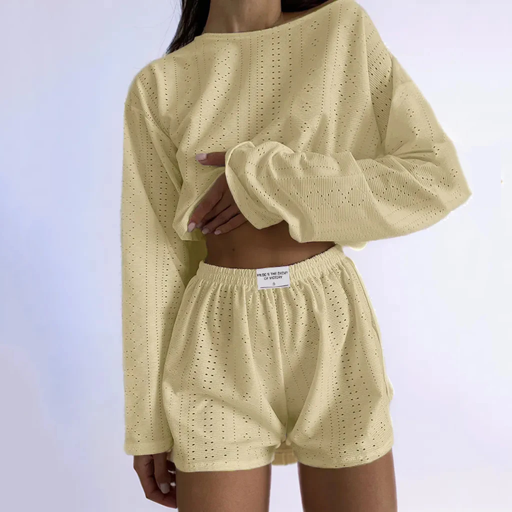Spring Summer New Solid Color Women's Set Fashion Simple Slim Fit Loose Fitting Pullover Long Sleeved Top Elastic Waist Shorts